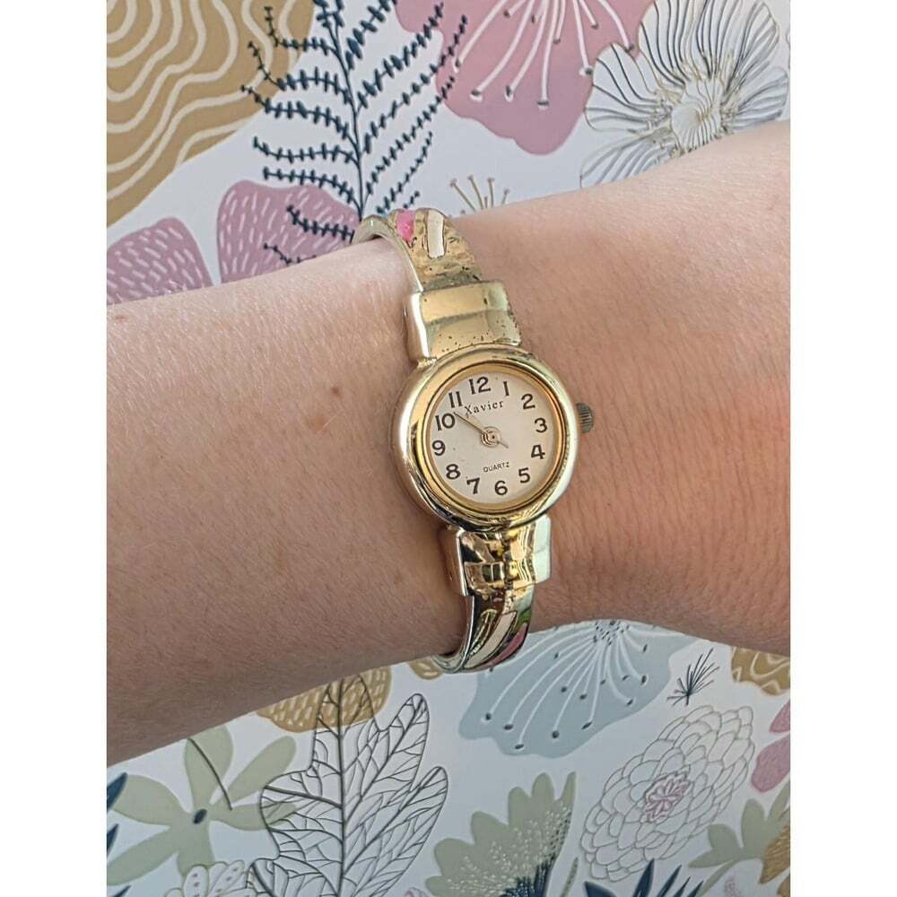 Vintage 80s Gold Tone Cuff Watch with Colourful Diagonal Inlaid Enamel & Glitter